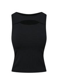 Czarny bezrękawnik wykonany z miękkiego materiału, z okrągłym dekoltem i wycięciem poniżej kołnierza. Dopasowany krój z gładką fakturą.