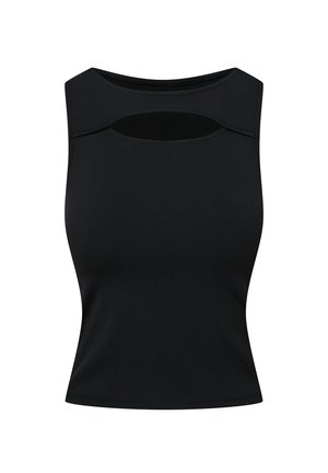 Czarny bezrękawnik wykonany z miękkiego materiału, z okrągłym dekoltem i wycięciem poniżej kołnierza. Dopasowany krój z gładką fakturą.