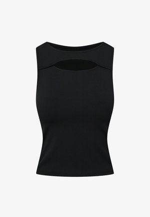 Czarny bezrękawnik wykonany z miękkiego materiału, z okrągłym dekoltem i wycięciem poniżej kołnierza. Dopasowany krój z gładką fakturą.