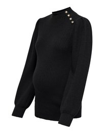 Juodas nervuotas megztinis su pūstomis ilgomis rankovėmis, aukštu kaklu ir keturiais dekoratyviniais auksiniais mygtukais kairėje petyje.