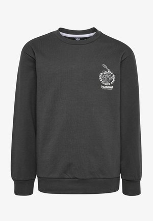 Mörkgrå sweatshirt i en blandning av bomull, med rund halsringning, långa ärmar och en vit grafisk logotyp på bröstet. Mjuk textur.