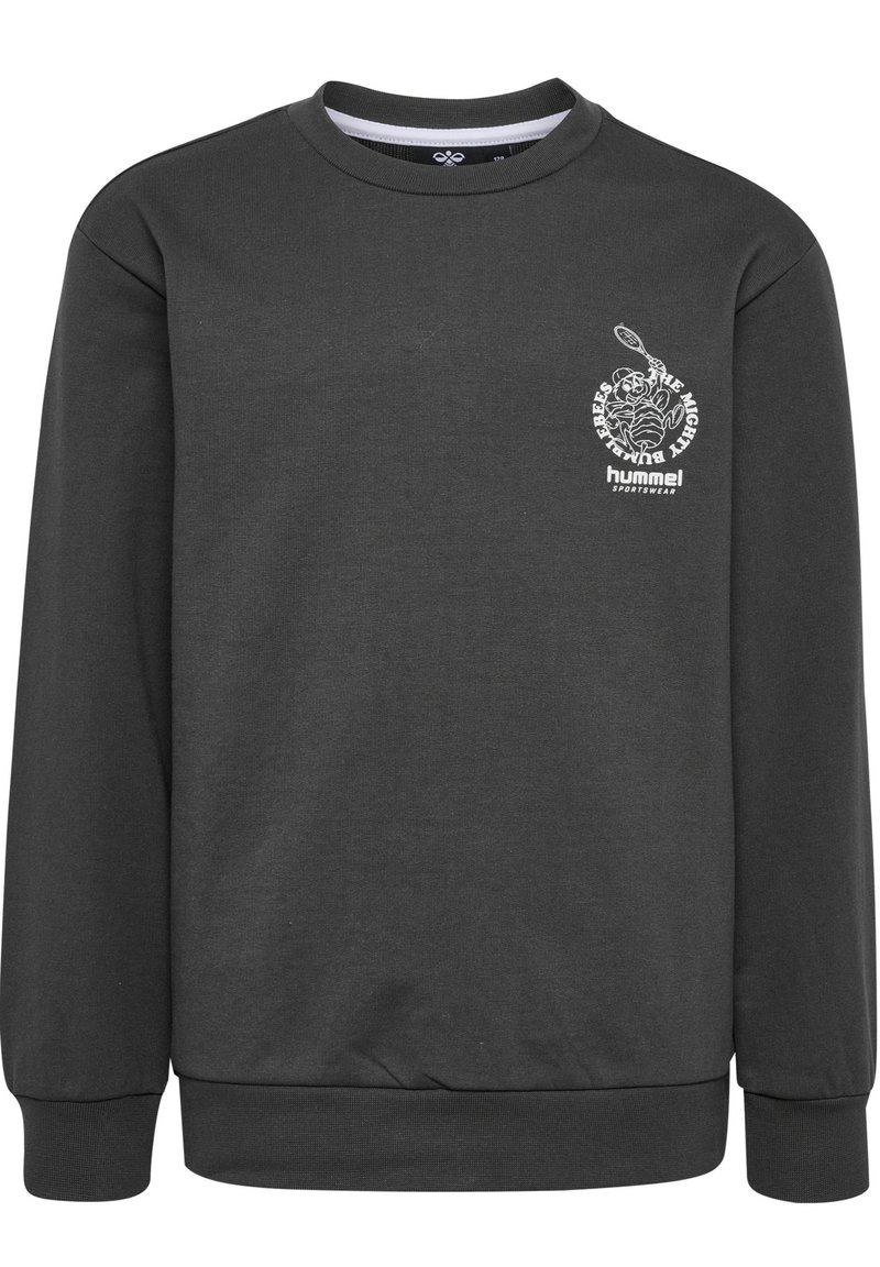 Mörkgrå sweatshirt i en blandning av bomull, med rund halsringning, långa ärmar och en vit grafisk logotyp på bröstet. Mjuk textur.