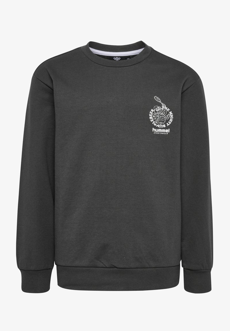 Donkergrijze sweatshirt van een katoenmix, met een ronde hals, lange mouwen en een wit logo op de borst. Zachte textuur.