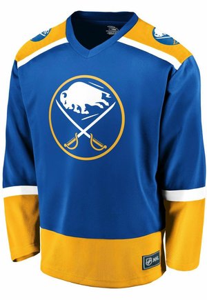 Jersey de hockey azul con un logo de búfalo blanco y palos cruzados, con acentos amarillos y blancos en las mangas y la parte inferior. Tejido de malla.