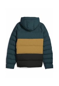 Veste matelassée à capuche avec de larges bandes de couleur horizontales en vert profond, moutarde et noir, vue de dos.