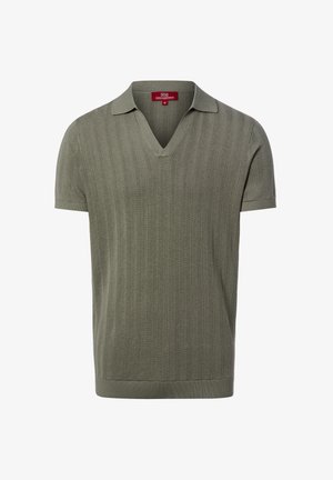 Kort mouw groen olijfgroen gebreid poloshirt met een gestructureerd vertical patroon en een V-halskraag, maat medium.