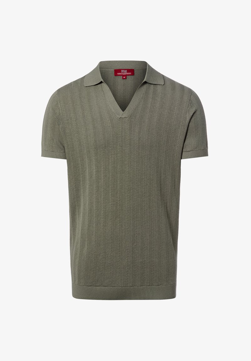 Olivgrünes Strick-Poloshirt mit kurzen Ärmeln, einer strukturierten vertikalen Musterung und V-Ausschnitt, Größe M.