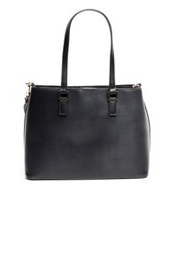 Černá kabelka z umělé kůže s dvěma uchy, strukturovaný tvar, hladká textura a akcenty v zlatém tónu.