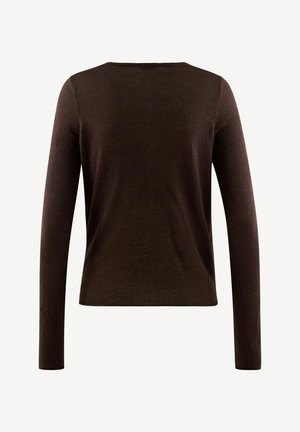 Brown long-sleeve pullover with a round neckline, made of soft knit material. Smooth texture, fitted shape, and no notable patterns or accents.