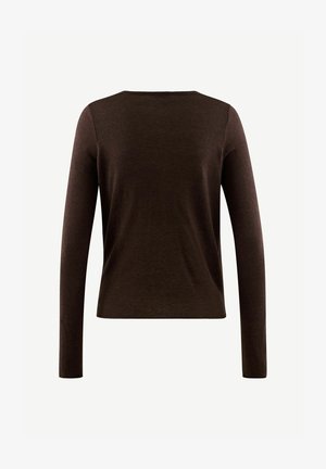 Pullover marrone a maniche lunghe con scollatura rotonda, realizzato in morbido materiale a maglia. Tessuto liscio, forma aderente e senza modelli o accenti degni di nota.