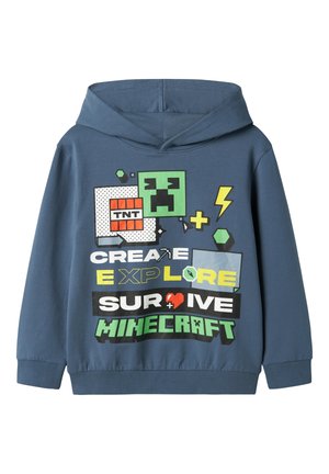 Felpa con cappuccio blu con una grafica frontale che presenta icone a tema Minecraft, tra cui un creeper, TNT e frasi come "CREATE", "EXPLORE", "SURVIVE".