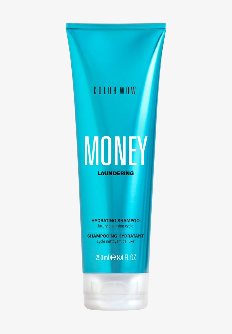 Tube bleu vif de 250 ml de shampooing hydratant Color Wow Money Laundering avec texte blanc et noir sur fond blanc.