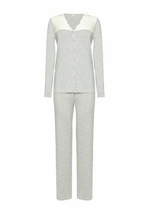 Grijs pyjama-set met lange mouwen en kantaccenten op de kraag, bestaande uit een blouse met knopen en bijpassende broek met elastische taille.