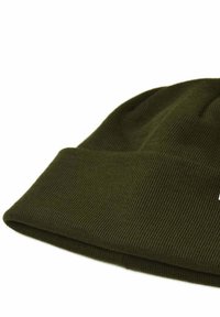 Dark green knitted beanie hat with a ribbed texture and folded cuff, featuring a small logo tag on the side.