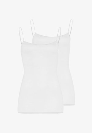 Deux camisoles blanches unies pour femmes avec fines bretelles spaghetti ajustables, présentées de face et de dos sur un fond blanc.