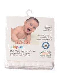 White cotton washcloths in a pack of three, with a hanging hook. Packaging includes multi-language text about care instructions and safety certification.