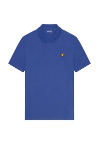 Polo shirt blu in cotone, con colletto a tre bottoni e un logo giallo sul lato sinistro del petto. Maniche corte e vestibilità classica.