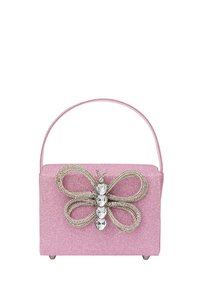 Vaunu vaaleanpunaisella kimalteella, jonka päällä on perhosdesign kivistä, rakenne on jämäkkä ja siinä on yksi ylhäällä oleva kahva.