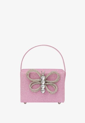 Lyserød glimmer håndtaske med et sommerfuglemotiv lavet af rhinsten, med en struktureret form og et enkelt top håndtag.