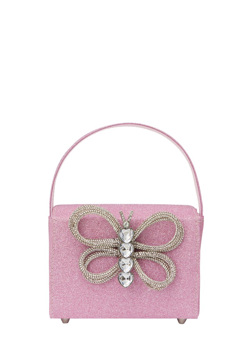 Vaunu vaaleanpunaisella kimalteella, jonka päällä on perhosdesign kivistä, rakenne on jämäkkä ja siinä on yksi ylhäällä oleva kahva.