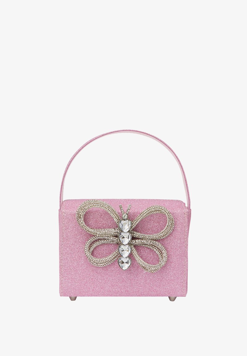 Vaunu vaaleanpunaisella kimalteella, jonka päällä on perhosdesign kivistä, rakenne on jämäkkä ja siinä on yksi ylhäällä oleva kahva.