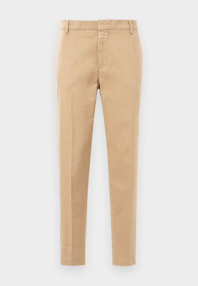 Beige cotton trousers with a straight cut, featuring a front zipper and two side pockets. No visible patterns or accents.