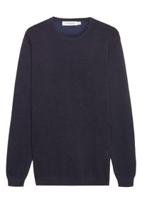 Maglione a maglia blu navy con scollatura rotonda, polsini e orlo a coste. Presenta un sottile motivo testurizzato su tutta la superficie del tessuto.