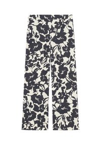Breda byxor i lätt tyg, prydda med ett djärvt svart och vitt blommönster med en texturerad yta.