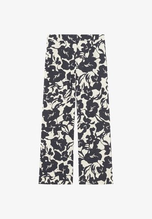 Wijdvallende pants van lichtgewicht stof, met een gedurfde zwart-wit bloemenpatroon en een textuurafwerking.