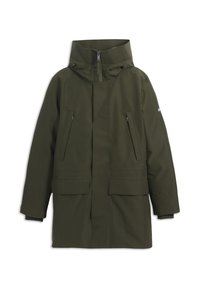 Parka imperméable vert olive avec un col haut, des zippers sur le devant et de grandes poches latérales, présentant un design minimaliste et un tissu durable.