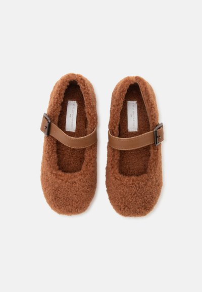 Paire de chaussures marron duveteuses de style Mary Jane avec une bride en cuir et une boucle sur le dessus, vues de dessus sur fond blanc.