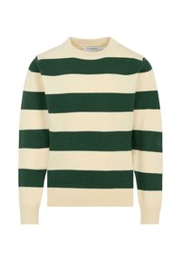 Maglione a righe beige chiaro e verde scuro con scollatura rotonda, polsini e orlo a costine, realizzato in morbido tessuto a maglia. Presenta un piccolo logo.