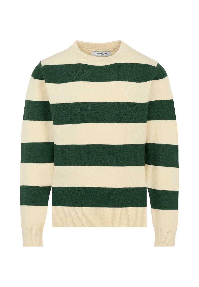 Maglione a righe beige chiaro e verde scuro con scollatura rotonda, polsini e orlo a costine, realizzato in morbido tessuto a maglia. Presenta un piccolo logo.