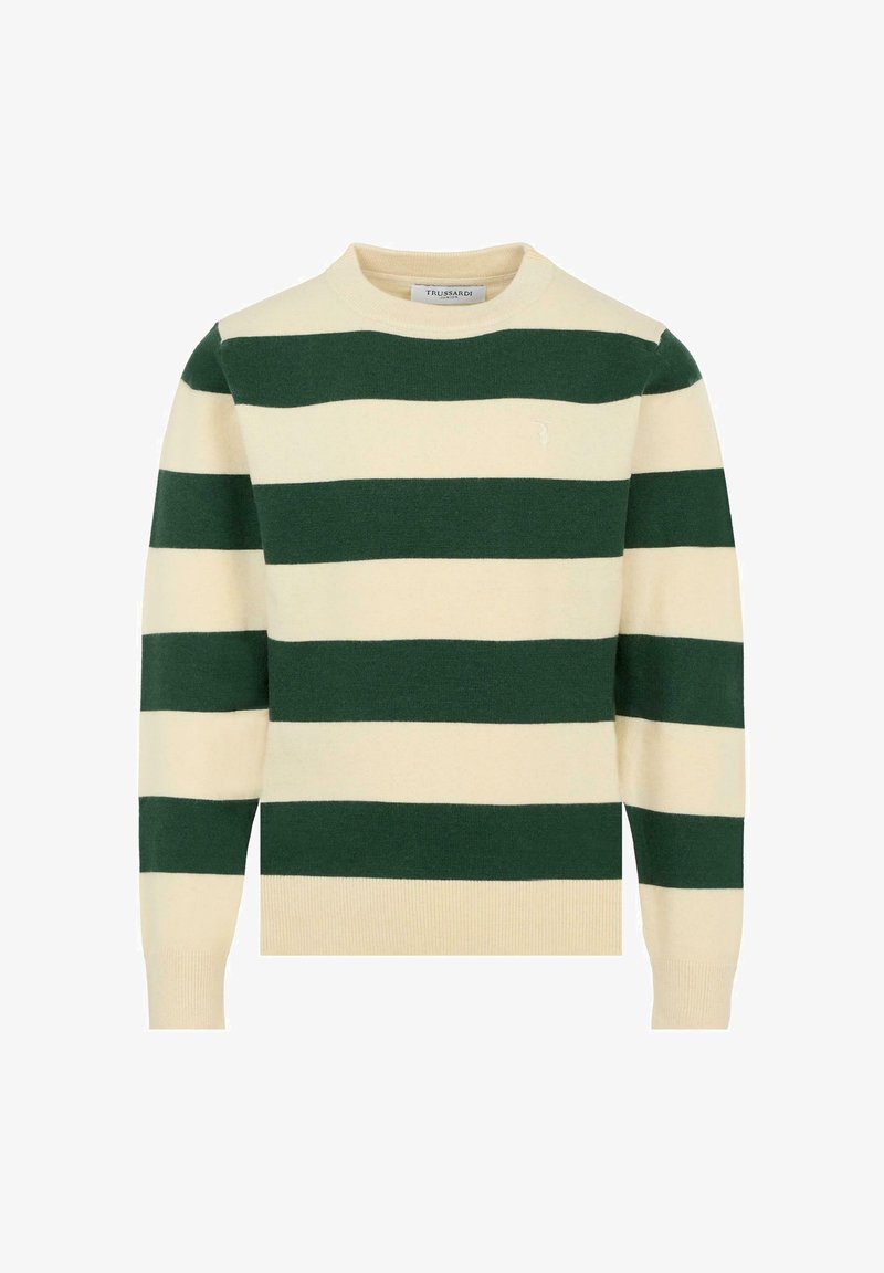Maglione a righe beige chiaro e verde scuro con scollatura rotonda, polsini e orlo a costine, realizzato in morbido tessuto a maglia. Presenta un piccolo logo.