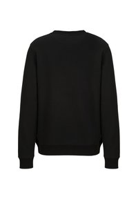 Zwarte sweatshirt met lange mouwen, ronde hals en geribbelde manchetten. Heeft een gladde textuur en een relaxte pasvorm, zonder versieringen.