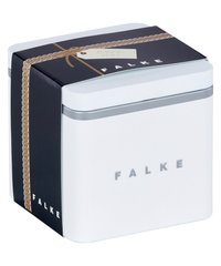 Bijela pravokutna kutija za poklon sa srebrnim poklopcem i crnom etiketom, s zlatnim detaljima i natpisom "FALKE" ispisanim u srebrnoj boji.