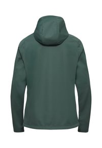 Donkergroene capuchonjas van gladde stof. Heeft lange mouwen en een eenvoudig ontwerp met een rechte zoom aan de achterkant.