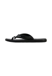 Zwarte flip-flop met een stoffen strap met textuur en een rubberen zool. Plat ontwerp met een eenvoudige, minimalistische uitstraling. Accenten zijn onder andere een logo op de strap.
