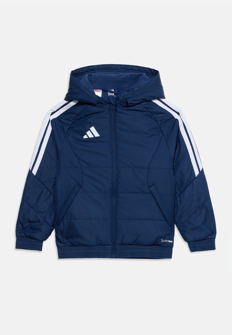 Μπουφάν navy blue με κουκούλα, λευκές ρίγες στα μανίκια, φερμουάρ μπροστά, πλαϊνές τσέπες και λευκό λογότυπο στο στήθος.