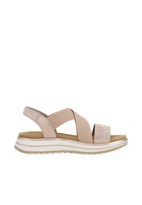 Women’s sandals with a pale pink textured upper, featuring cross-straps and a cushioned footbed, set on a white wedge sole with light grooves.