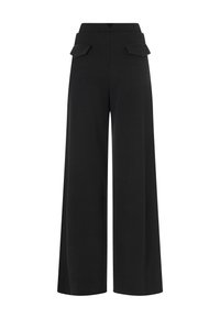 Zwarte wijde broek met een gladde textuur, voorzien van twee voorzakken en een hoge tailleband voor een gestructureerd silhouet.