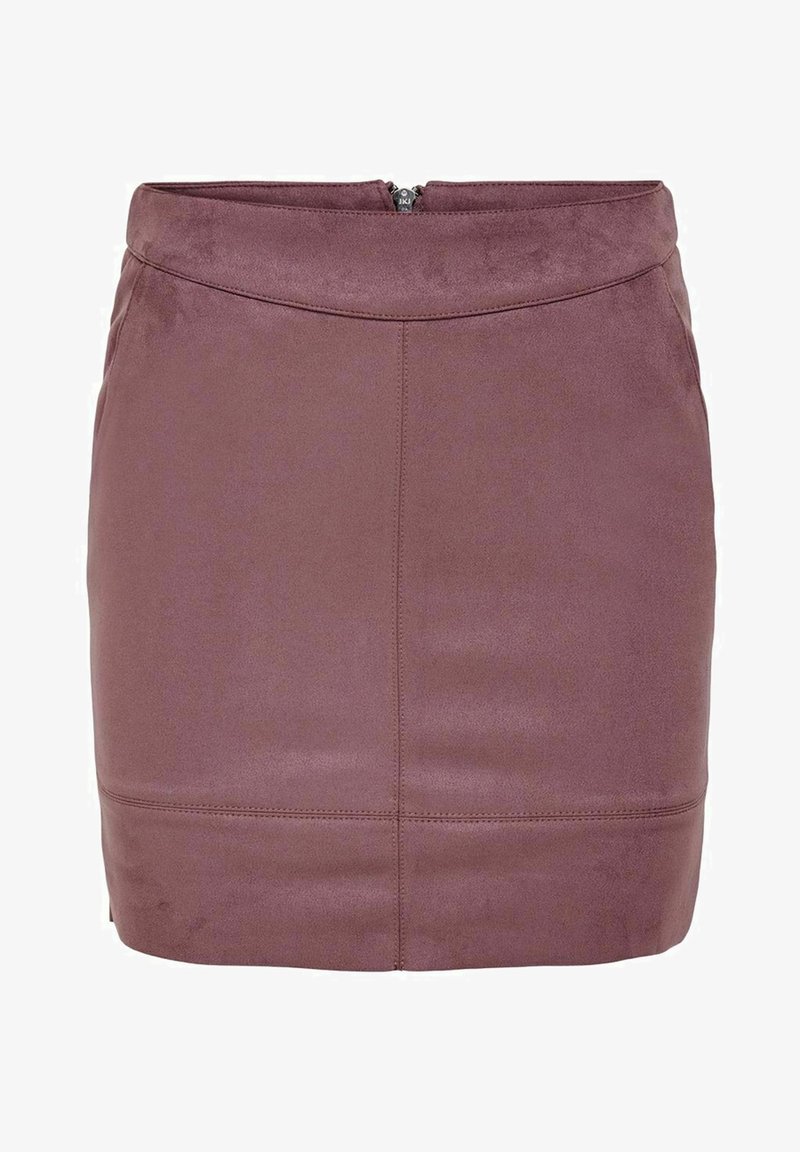 Lyhyt violetti keinonahkahame, jossa on kapea muotoilu, takana vetoketjukiinnitys ja vaakasaumat alaosassa.