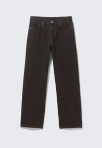 Zwarte denim jeans met een rechte pijp, voorzien van vijf zakken, metalen knoopsluiting en subtiele stikseldetails.