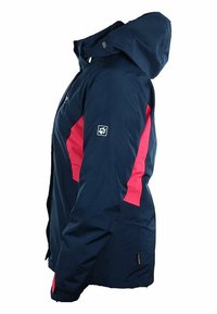 Mörkblå jacka med ljusrosa sidopaneler, långa ärmar och en fastsatt huva, visad från sidan.