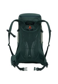 Zaino verde con pannello posteriore in rete, spallacci regolabili e tasca superiore con zip. Presenta un design ergonomico e punti di attacco laterali doppi.