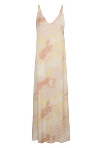 Robe sans manches avec un décolleté en V, un motif abstrait pastel rose et jaune, un tissu texturé et une longueur maxi fluide.
