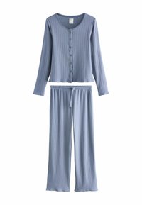 Helehall sinine soonikkoes pidžaamakomplekt, mis sisaldab nööpidega kinnitatavat pika varrukaga ülaosa ja tõmblukuga pükse, mõlemad lõdva istuvuse ja pehme tekstuuriga.