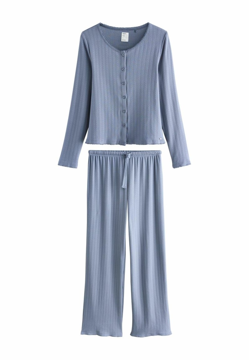 Helehall sinine soonikkoes pidžaamakomplekt, mis sisaldab nööpidega kinnitatavat pika varrukaga ülaosa ja tõmblukuga pükse, mõlemad lõdva istuvuse ja pehme tekstuuriga.