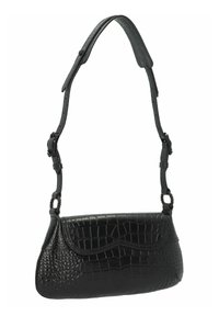 Borsa a tracolla nera in pelle sintetica con un motivo testurizzato a coccodrillo, forma arrotondata e una tracolla regolabile con dettagli in metallo.