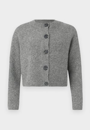 Grauer, kurzer Strick cardigan mit gerippter Textur, rundem Ausschnitt und sechs dunklen Knöpfen vorne. Lange Ärmel mit gerippten Bündchen.